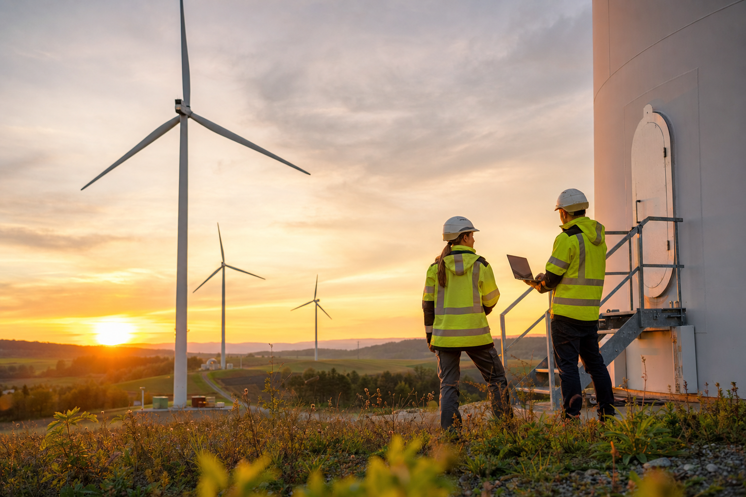 Windräder in einer ländlichen Landschaft bei Sonnenuntergang mit arbeitenden Technikern vor Ort