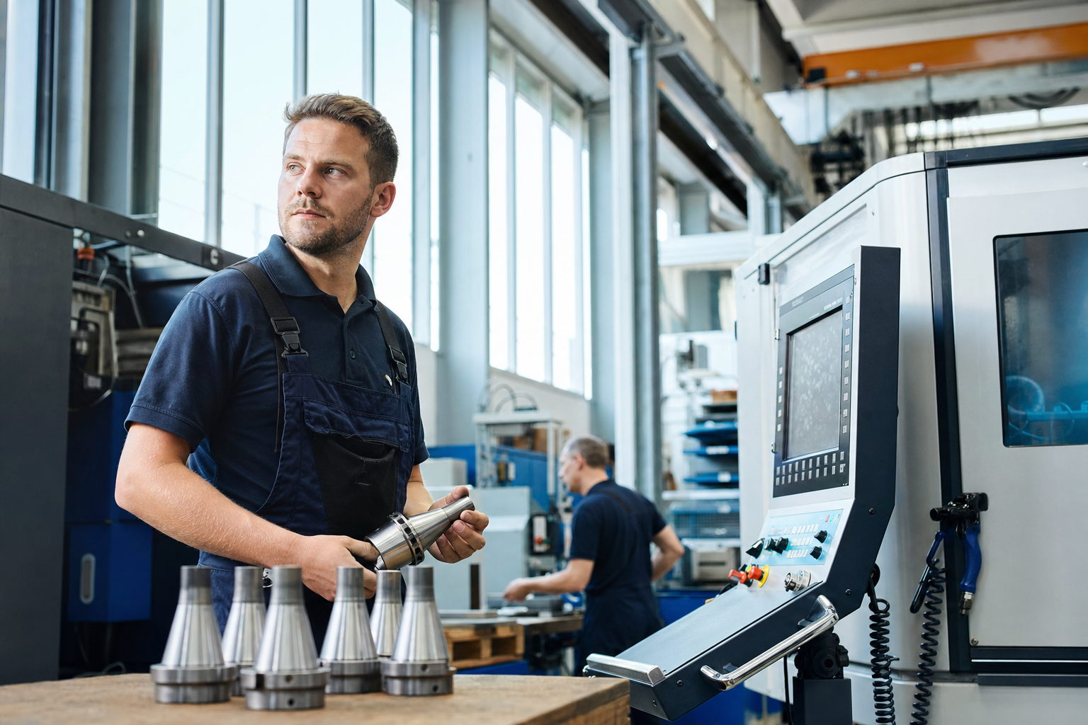 Industriearbeiter in deutscher Fertigungshalle neben modernen Maschinen