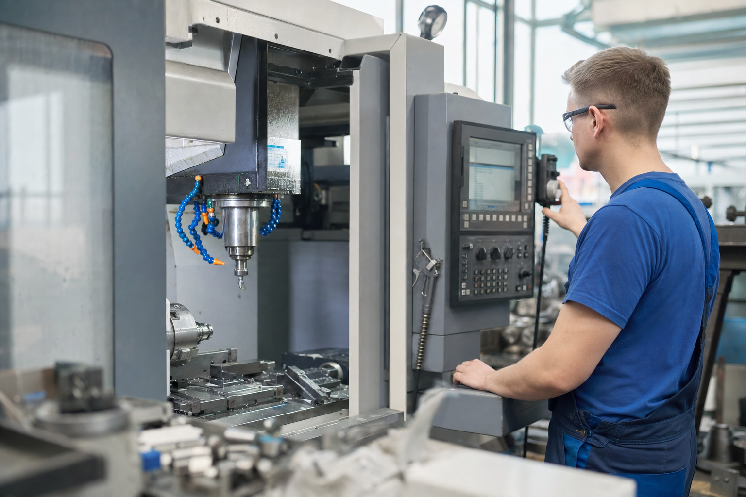 Facharbeiter in einer modernen Werkhalle bei der Bedienung einer CNC-Maschine