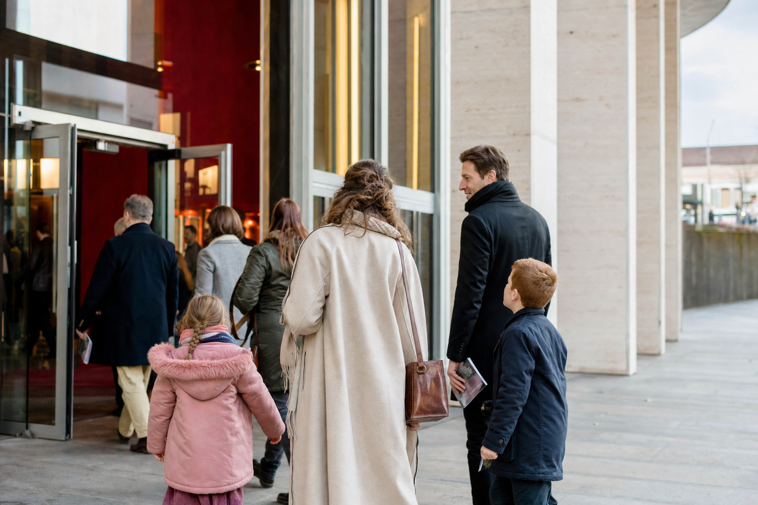 Familie besucht gemeinsam eine Theateraufführung in einem modernen Kulturhaus
