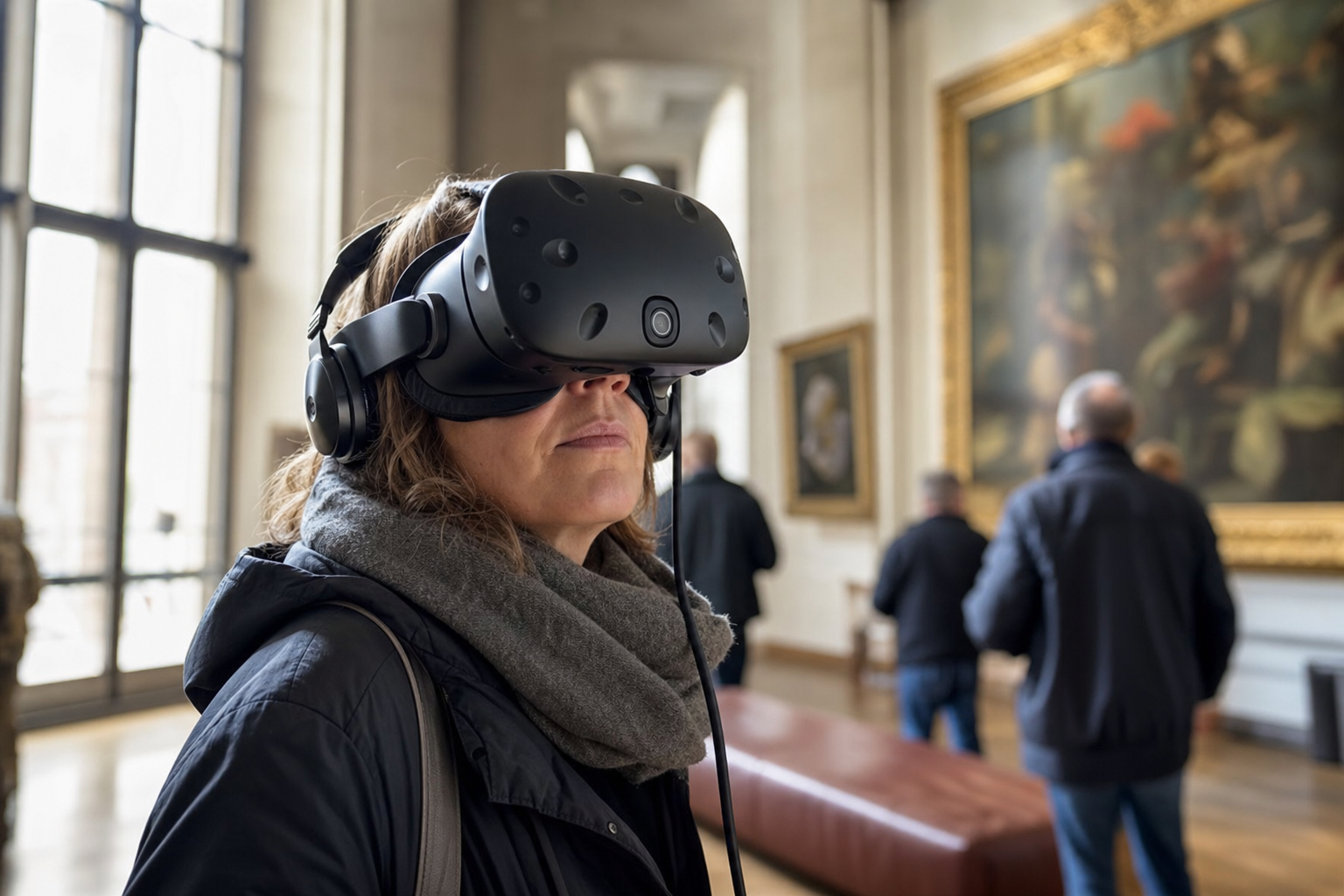 Besucher betrachtet virtuelle Ausstellung mit VR-Brille in einem Museum