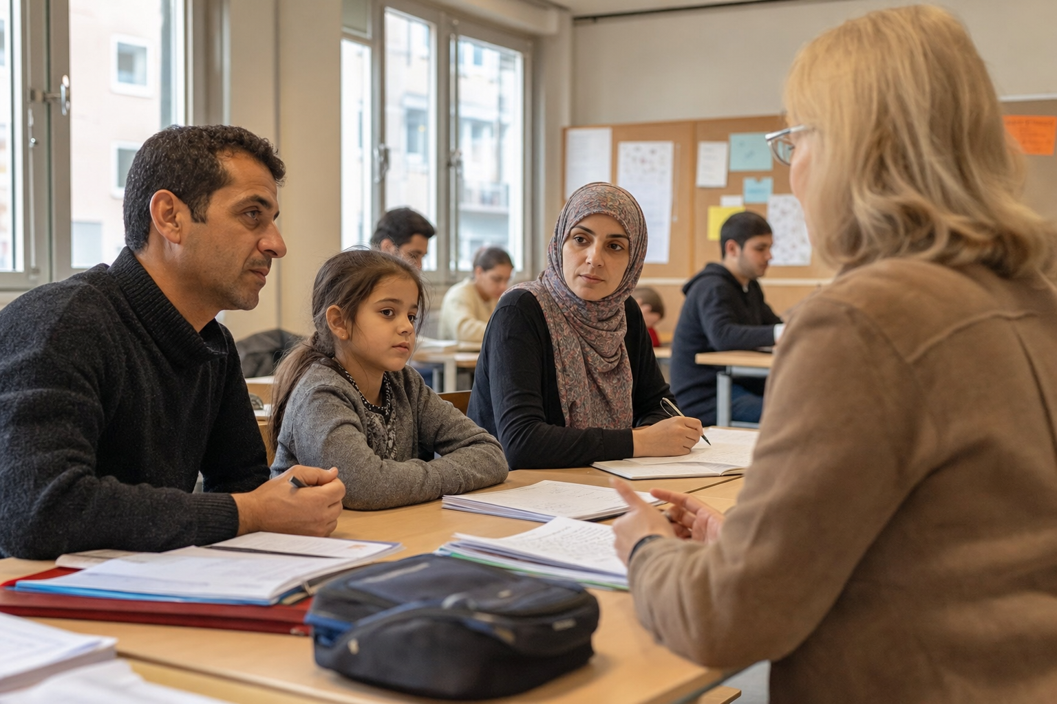Geflüchtete Familie beim Deutschunterricht in einem Klassenraum mit Lehrerin