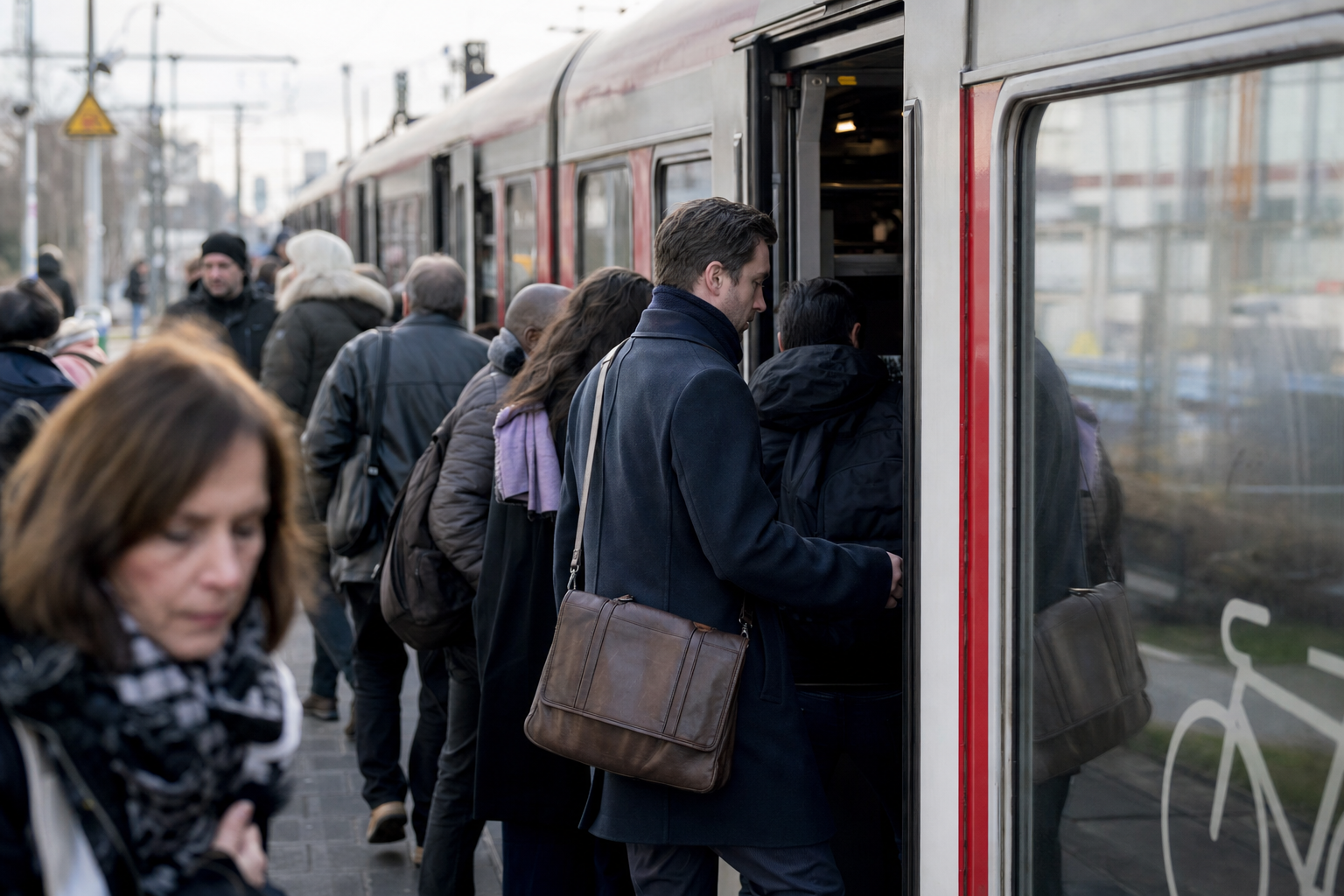 Pendler in Arbeitskleidung steigt morgens in eine überfüllte S-Bahn in einer deutschen Großstadt