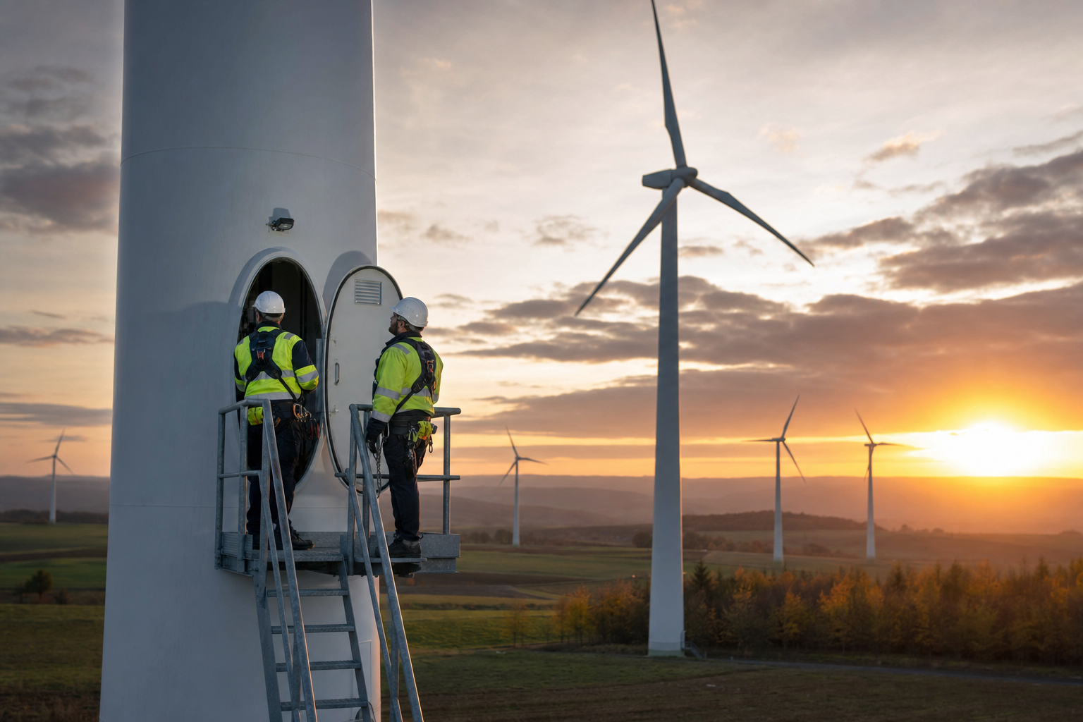 Windräder auf einem Feld mit Arbeitern bei Wartungsarbeiten im Sonnenuntergang