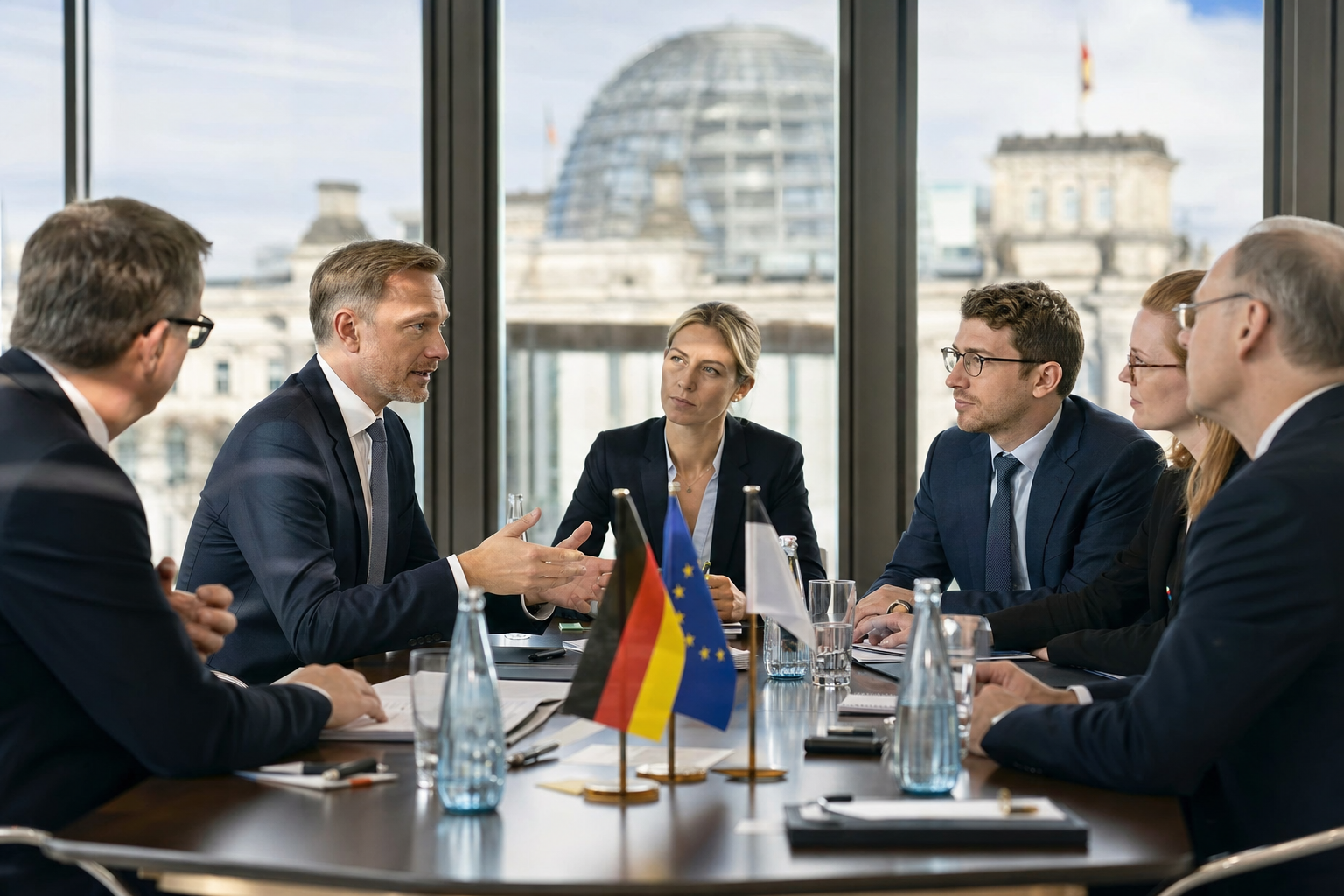 Deutsche Diplomaten bei Gesprächen in einem modernen Konferenzraum mit internationalen Delegationen